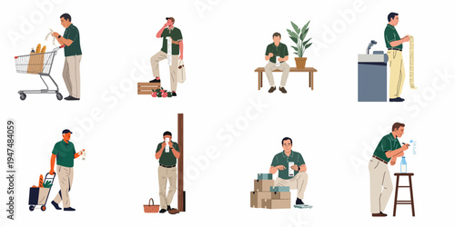Set of illustrations showing a man checking long receipts and managing expenses while shopping for groceries and household items.