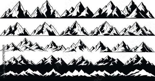 Black and white mountain range silhouettes collection, snowy peak landscape vector set, outdoor adventure nature climbing travel icons, wilderness hills.
