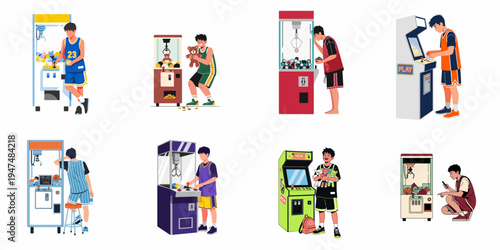 Flat illustration set of teenage boys playing arcade claw machines and video games, winning plush toys and experiencing different emotions at the amusement center.