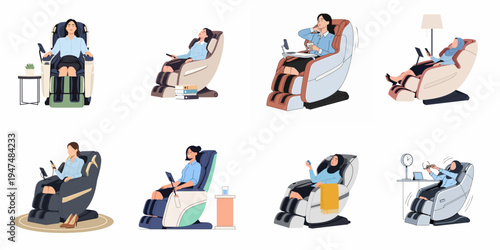 Collection of flat vector illustrations featuring diverse women relaxing and using electronic massage chairs for wellness and stress relief in home and office settings.