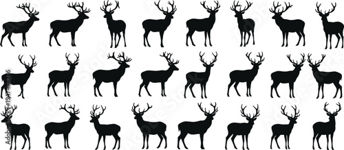 Black deer stag silhouette collection with large antlers, wild buck animal wildlife nature icons set, cad drawing flat vector illustration.