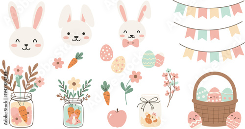 A cute cartoon vector illustration of a happy Easter bunny with colorful eggs in a seamless spring pattern design featuring pink flowers for a fun holiday celebration wallpaper