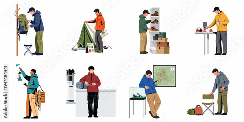 Collection of Men Choosing and Testing Various Camping and Hiking Equipment in an Outdoor Gear Store for Adventure Travel Preparation.