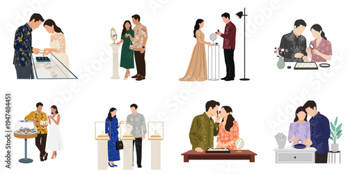 A set of flat vector illustrations depicting Asian couples in traditional batik attire choosing engagement rings and jewelry for their wedding.