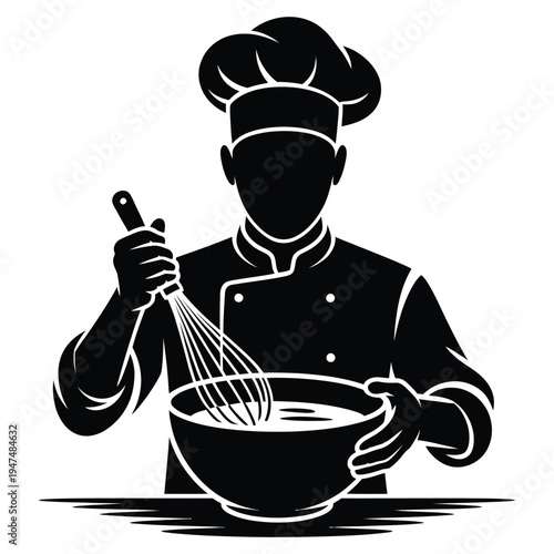Professional baker whisking batter in large mixing bowl chef silhouette preparing dough or cream for pastry cooking and baking culinary process