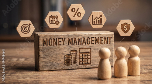 Financial planning and money management concept with wooden figures and icons