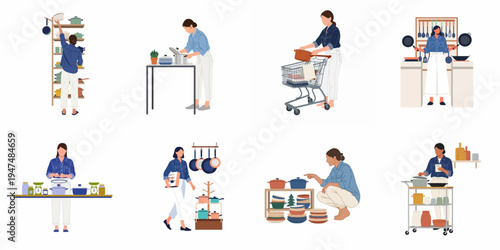 Collection of flat vector illustrations depicting a woman shopping for, organizing, and using various kitchenware, cookware, and utensils in her home.