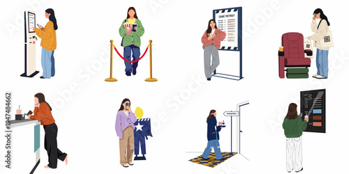 Flat vector illustrations set of a young woman enjoying various activities at a movie theater, from purchasing tickets to entering the cinema hall.