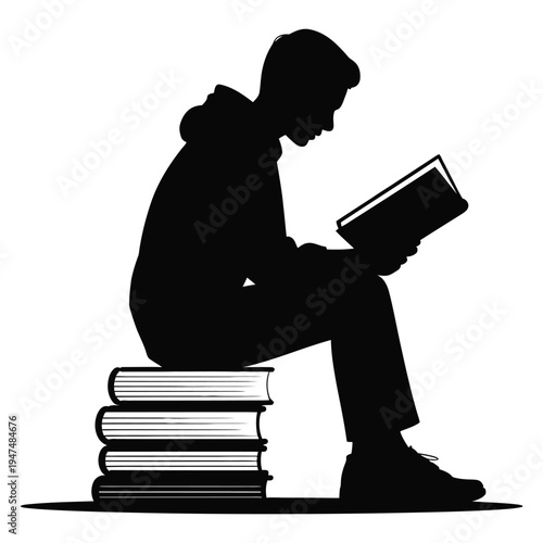 Silhouette of young student reading book while sitting on stack of books symbolizing education knowledge and learning with checkered background