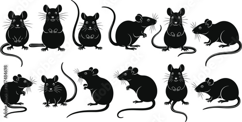 Black mouse silhouettes and rat icons set isolated on white background, rodent shadows for pest control graphics and animal illustrations.