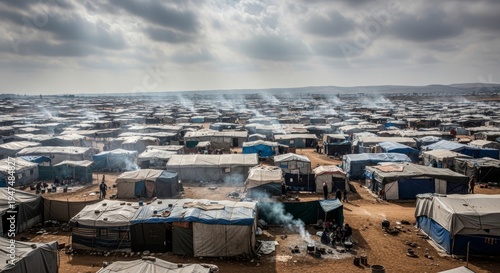 Aerial view of a sprawling refugee camp with numerous tents and makeshift shelters under a cloudy sky with smoke rising from fires