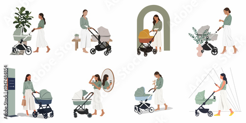 Set of modern flat illustrations of a woman with a baby stroller in various lifestyle scenes, depicting motherhood and daily activities.