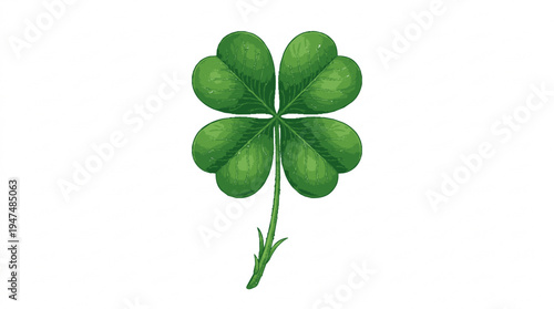 Detailed green four leaf clover isolated on pure white background symbolizing luck and nature