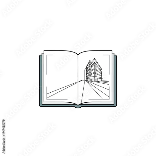 An open book with a building.