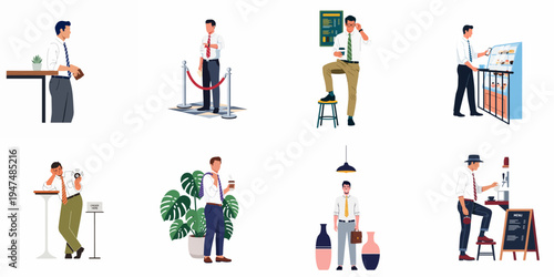 Set of flat vector illustrations featuring businessmen in various cafe and coffee shop scenarios, including ordering, waiting, and relaxing.