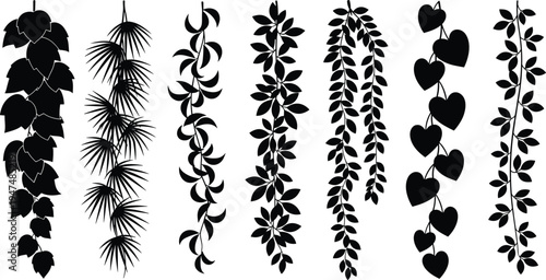 Black, silhouette, hanging, vines, collection, with, tropical, leaves, ivy, heart, shape, foliage, creeping, plants, isolated, on, white, background, vector, set.