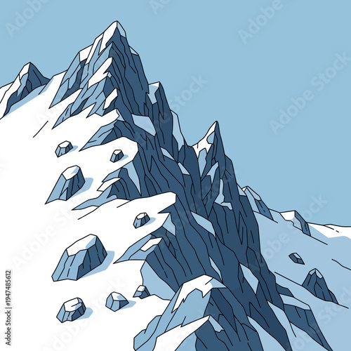 A detailed illustration of a snow-covered mountain range with jagged peaks under a clear sky.