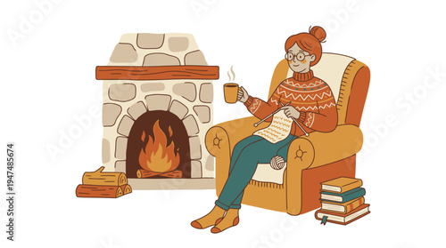 woman knitting in cozy armchair by fireplace enjoying warm drink