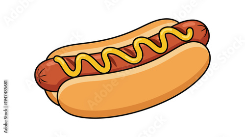cartoon style illustration of delicious hot dog with mustard drizzle