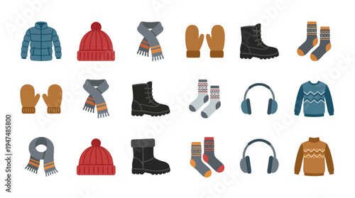 set of winter clothing icons for cold weather fashion