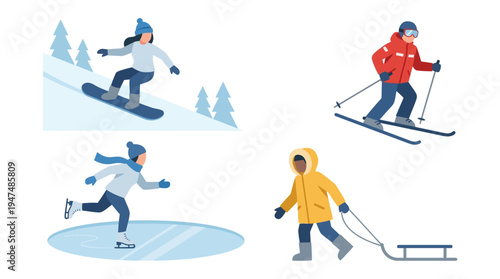 winter sports characters vector illustration featuring people in the snow