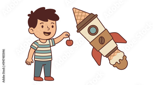 happy boy offers cherry to coffee cup rocket ice cream