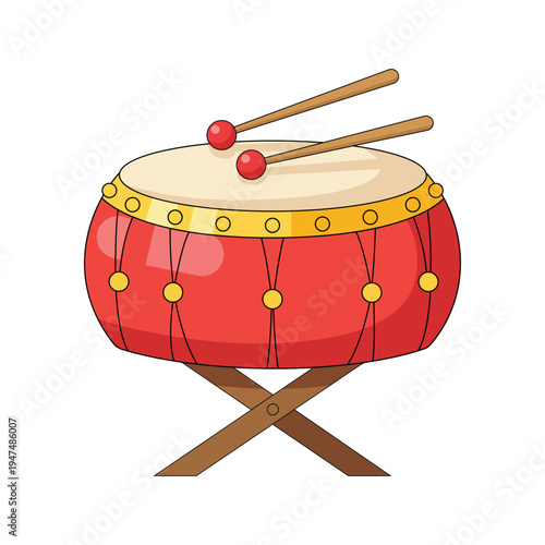 Chinese Drum and Sticks Illustration: A vibrant illustration showcases a traditional red Chinese drum with golden trim and two drumsticks resting atop.
