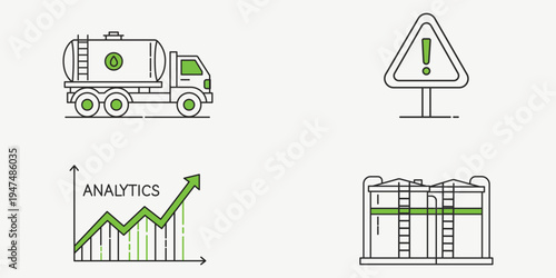 Energy Sector Icons: Depicting a series of graphic icons, this image encapsulates key elements of the energy sector, ranging from transportation to data analysis and industrial storage.