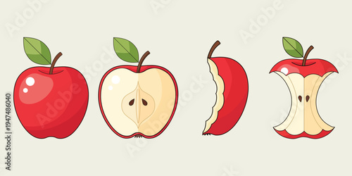 Delectable Apple Evolution: Capturing the complete life cycle of a vibrant red apple, revealing its essence from whole to core. 