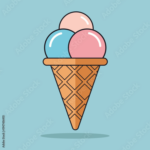 Sweet Treat: A vibrantly colored ice cream cone illustration, featuring three scoops of delectable ice cream on a refreshing day. 