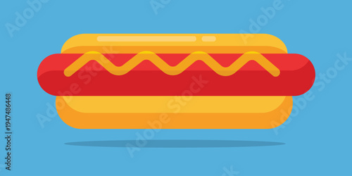 Golden Hotdog Delight: An eye-level shot captures a scrumptious hotdog in a soft bun, generously drizzled with a zigzag pattern of yellow mustard.