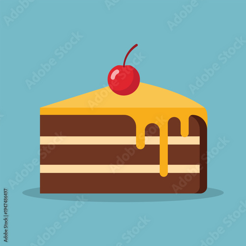 Sweet Temptation: A slice of decadent chocolate cake, adorned with a luscious layer of yellow frosting and a vibrant cherry, against a cheerful blue backdrop.