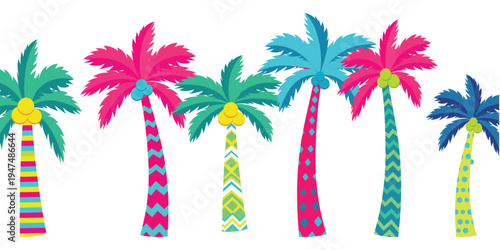 Tropical Dream: A vibrant array of stylized palm trees, each adorned in unique and colorful patterns, evokes a sense of tropical paradise and artistic flair. 