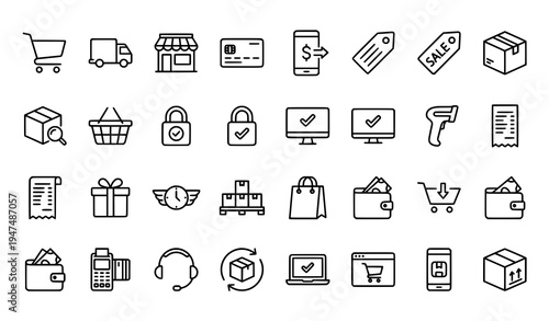 Minimal E-commerce Line Icons Vector Collection for Shop Delivery and Payment