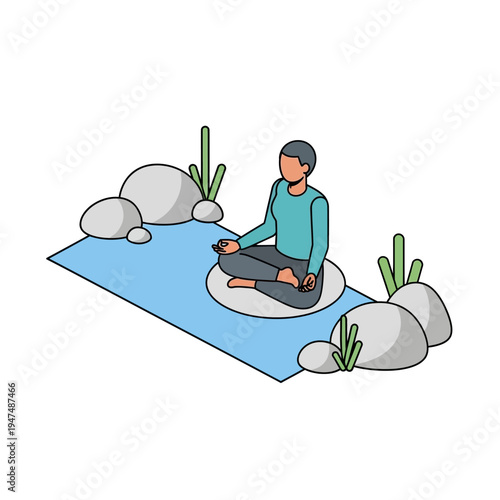 A person sits in a meditative pose on a mat surrounded by rocks and plants.