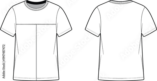 Crew neck t shirt with panel seam front and back view technical template, apparel CAD drawing flat vector illustration