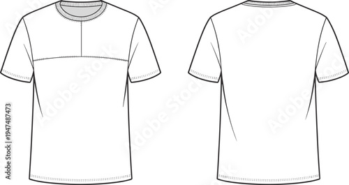 Crew neck t-shirt front and back view technical outline template, short sleeve apparel CAD drawing flat vector illustration mockup