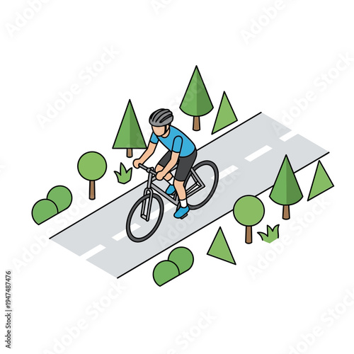 Isometric illustration of a cyclist riding a bicycle on a road with trees.