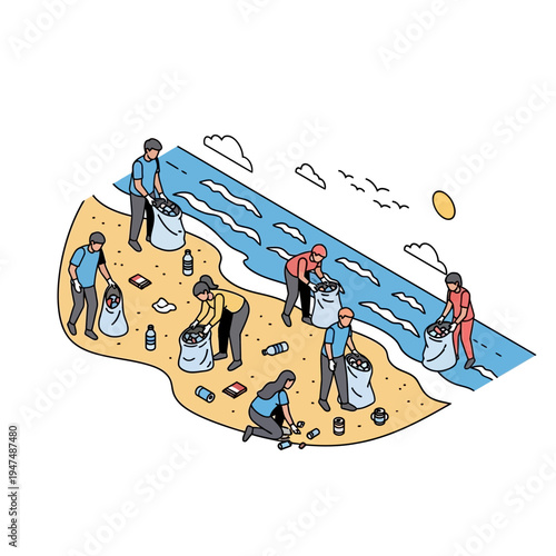 Volunteers collecting trash on a sandy beach, promoting environmental cleanup efforts.