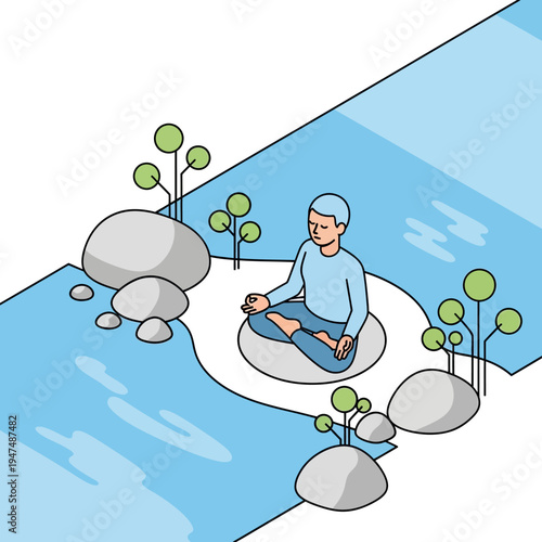 A person meditating peacefully in a serene environment near a flowing river.