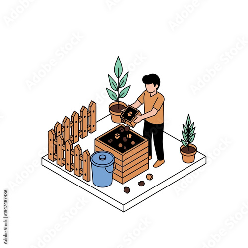 A person composting organic waste in a wooden bin, surrounded by plants and a fence.
