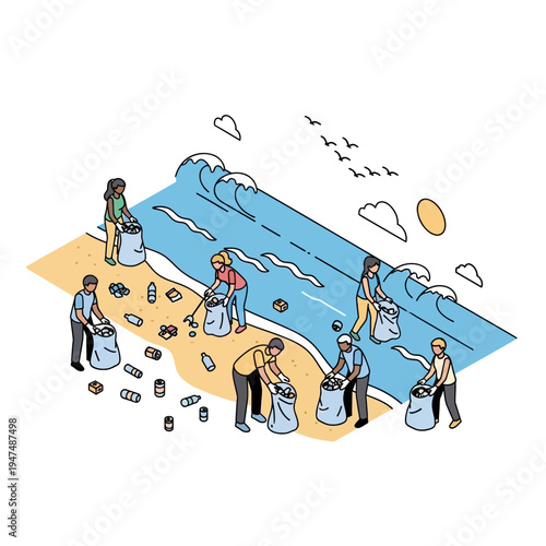 Volunteers cleaning up trash on a sandy beach near the ocean, promoting environmental conservation.