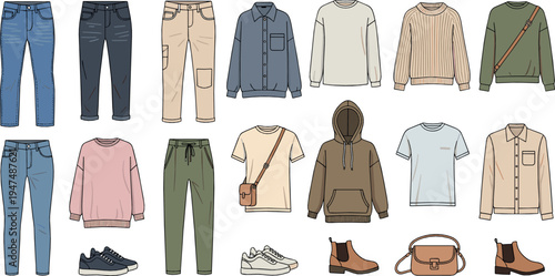 Casual Men Clothing Vector Collection with Pants Shirts Hoodie Shoes Boots Bag Everyday Fashion Outfit Illustration Set