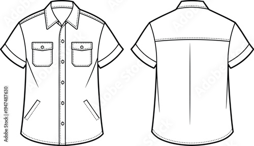 Men short sleeve button up shirt with chest and side pockets front back view technical template, apparel CAD drawing flat vector illustration