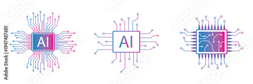Artificial Intelligence AI Microchip with Neural Circuit Design. Vector Illustration of an AI Processor with Neural Circuitry Representing Machine Learning, Deep Learning set Intelligent Systems.EPS10