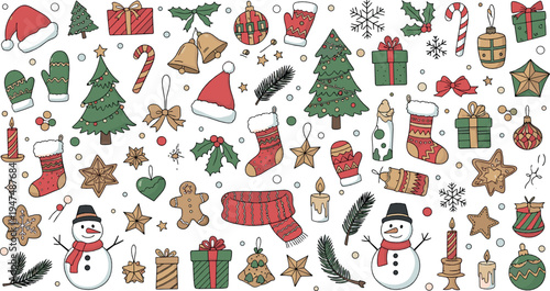 Christmas holiday doodle elements collection with tree, snowman, gifts, stockings and decorations festive winter illustration set