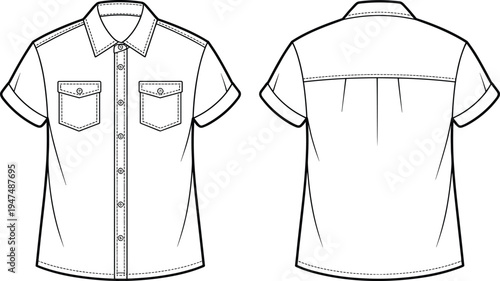 Men short sleeve button up shirt with chest pockets front and back view technical template, apparel CAD drawing flat vector illustration