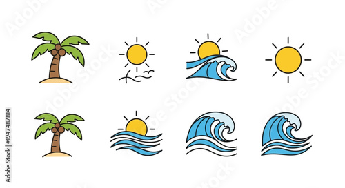 Vibrant beach icons set with palm trees and sunny waves