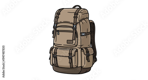Large tan backpack with multiple pockets and buckles for hiking or travel