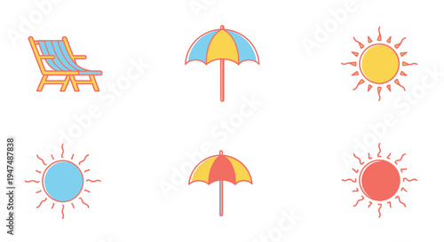 Vibrant beach elements set with colorful umbrellas and suns